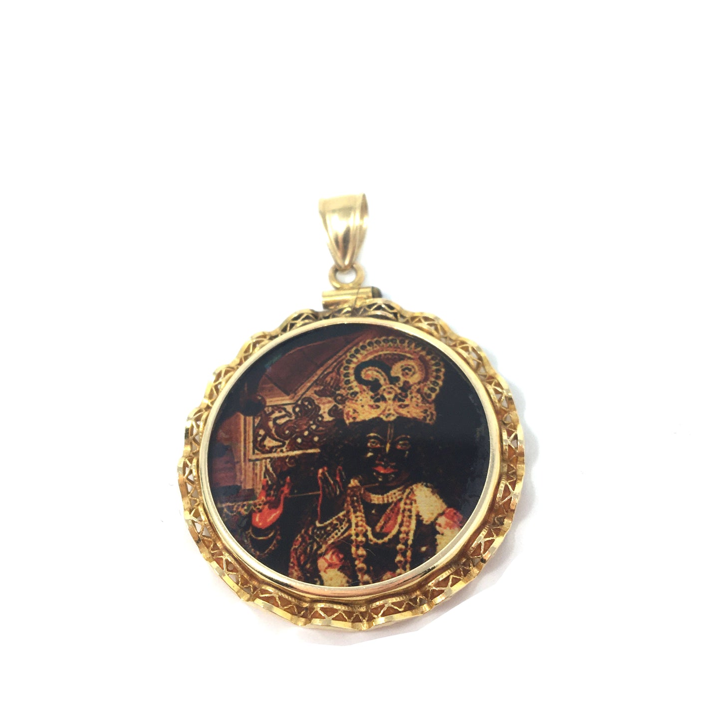 14K Gold Double Sided Picture Pendant Prabhupada and India God Krishna Shyam