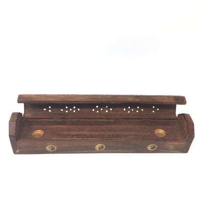 Handcrafted Incense Burner - Wooden Box With Storage - Decorative Brass Inlays
