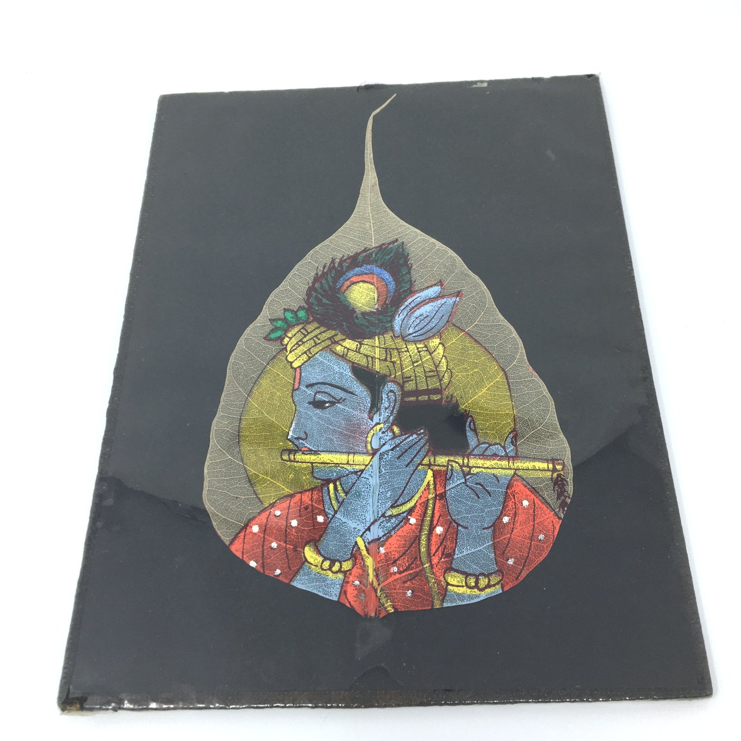 Hand-painted India God Krishna Playing Divine Flute Painted on Real Dry Leaf