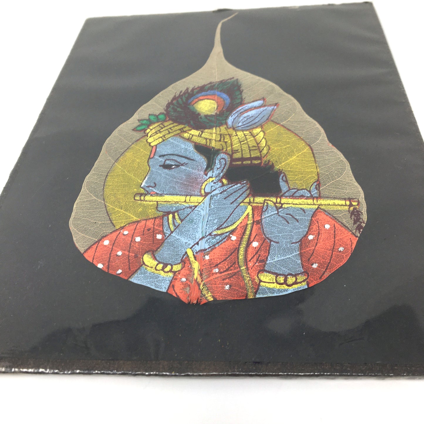 Hand-painted India God Krishna Playing Divine Flute Painted on Real Dry Leaf