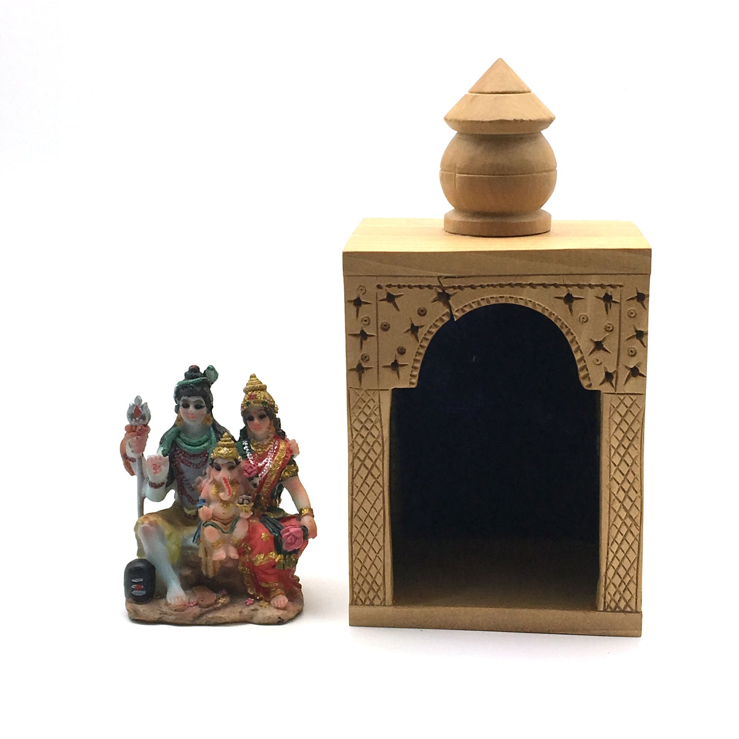 Handcrafted India Decorative Wood Altar Temple Shiva Parvati Ganesha Idol Statue - Montecinos Ethnic
