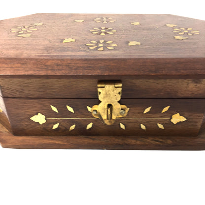 Natural Wood Jewelry Trinket Box Storage Organizer Brass Inlays -India Handmade