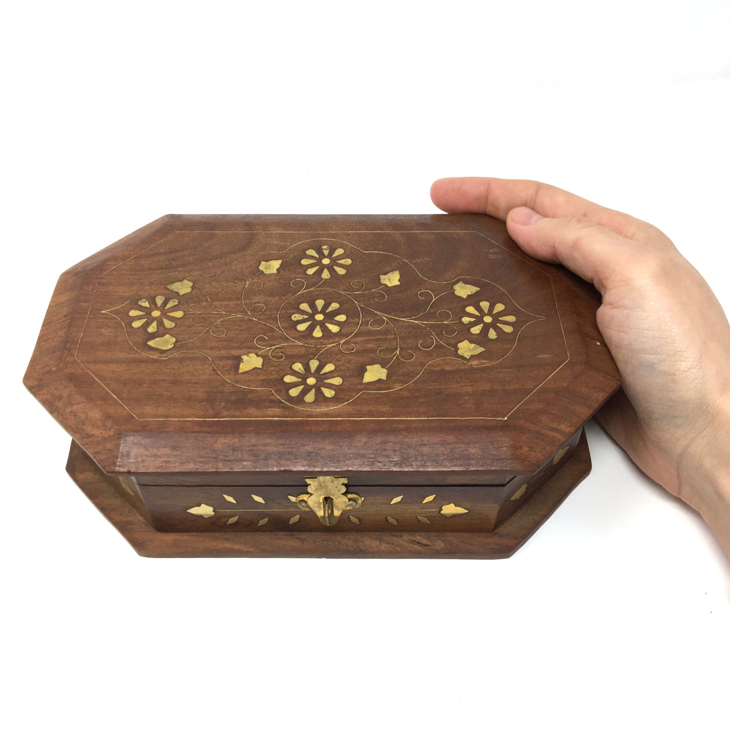Natural Wood Jewelry Trinket Box Storage Organizer Brass Inlays -India Handmade
