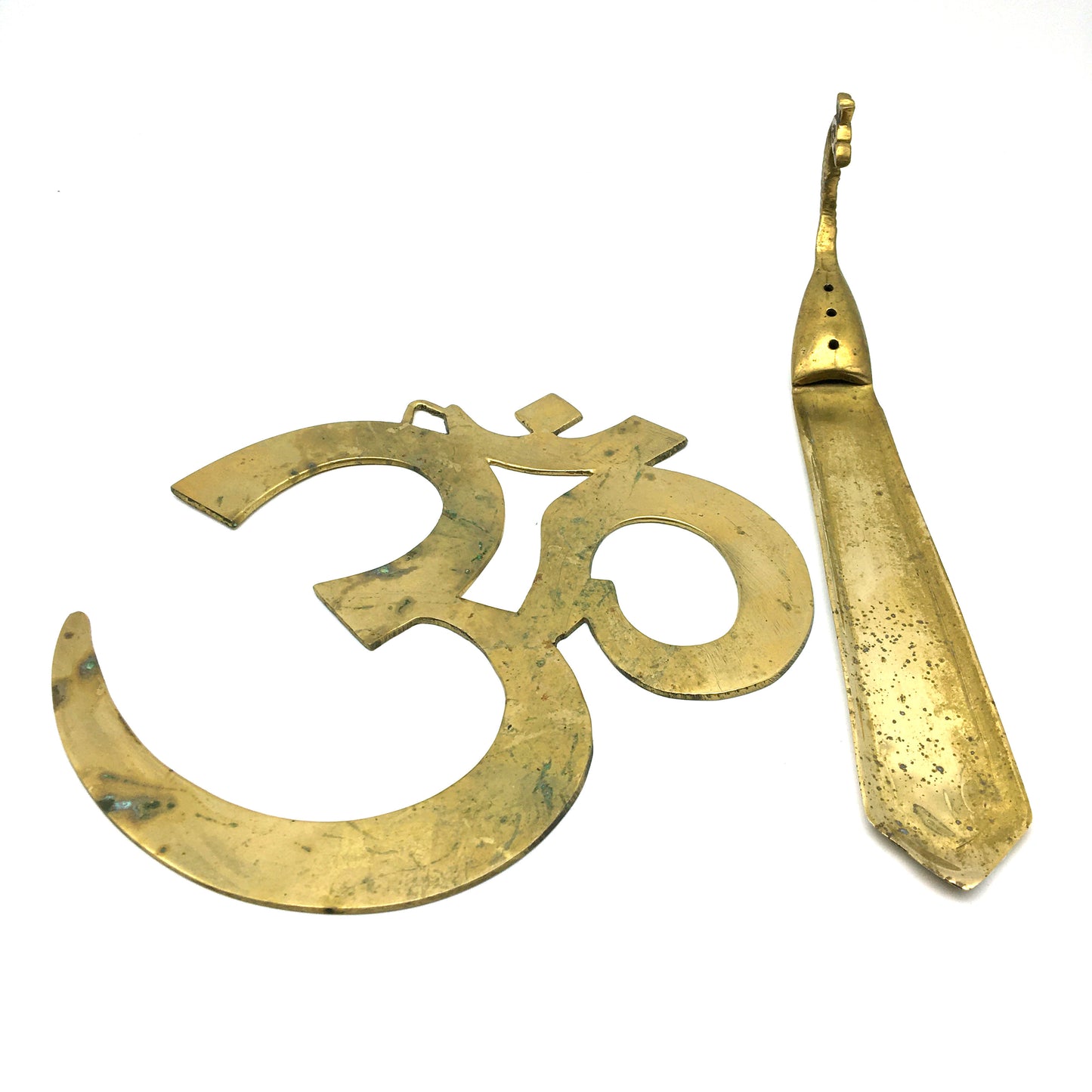 Set Brass Stick Incense Burner and Om Symbol Wall Hanging - Handmade India