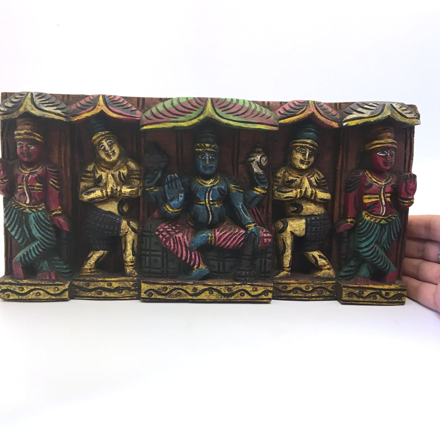 Hand-carved India Colorful Decorative All Wood Wall Hanging Panel Plaque 5.75"