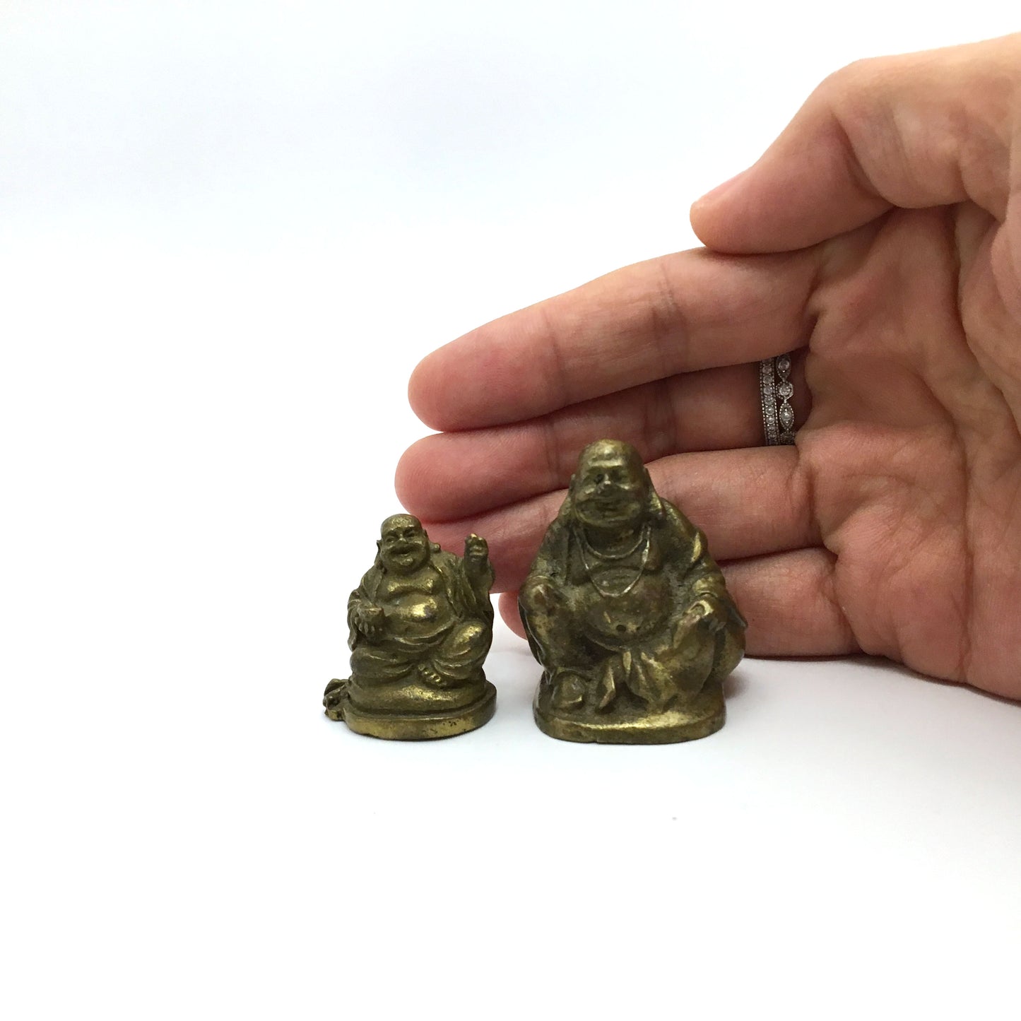 Handmade 2 Vintage Solid Brass Happy Laughing Maitreya Buddha Statues Idols