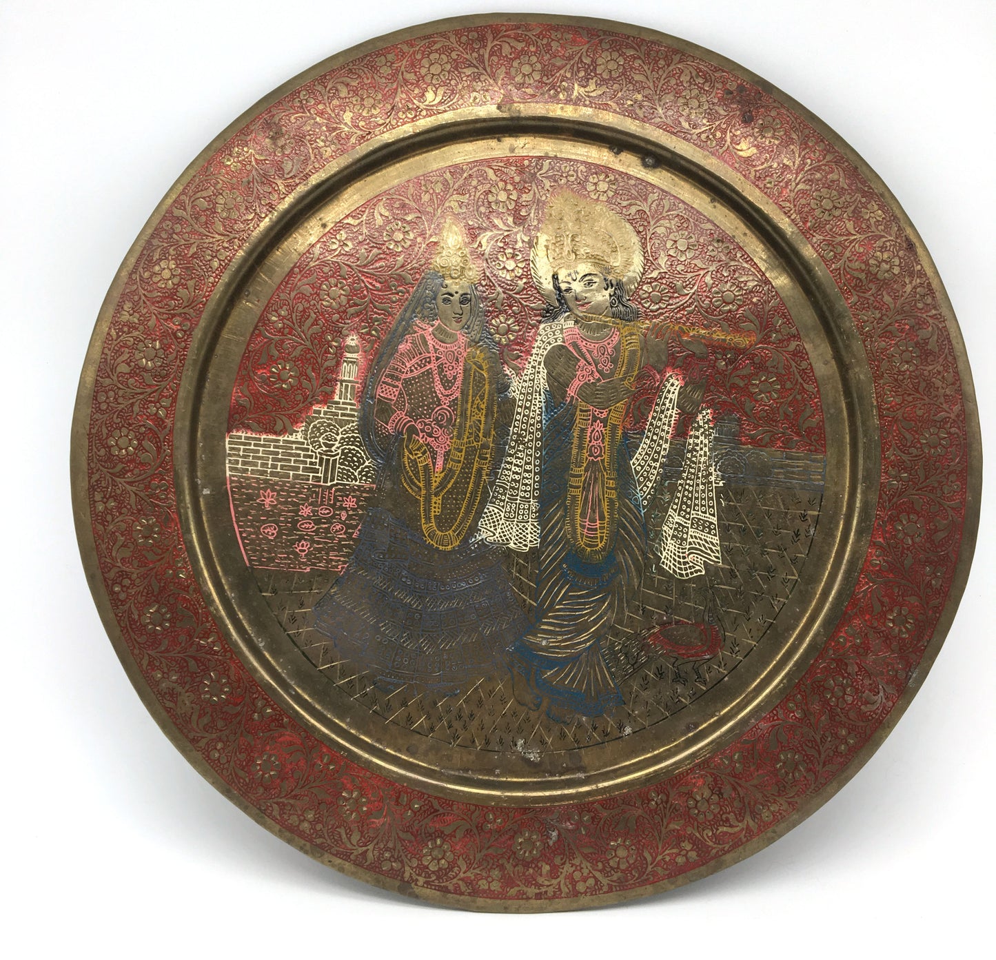 Hand-painted India Gods Lord Sri Sri Radha-Krishna on Decorative Brass Platter T - Montecinos Ethnic