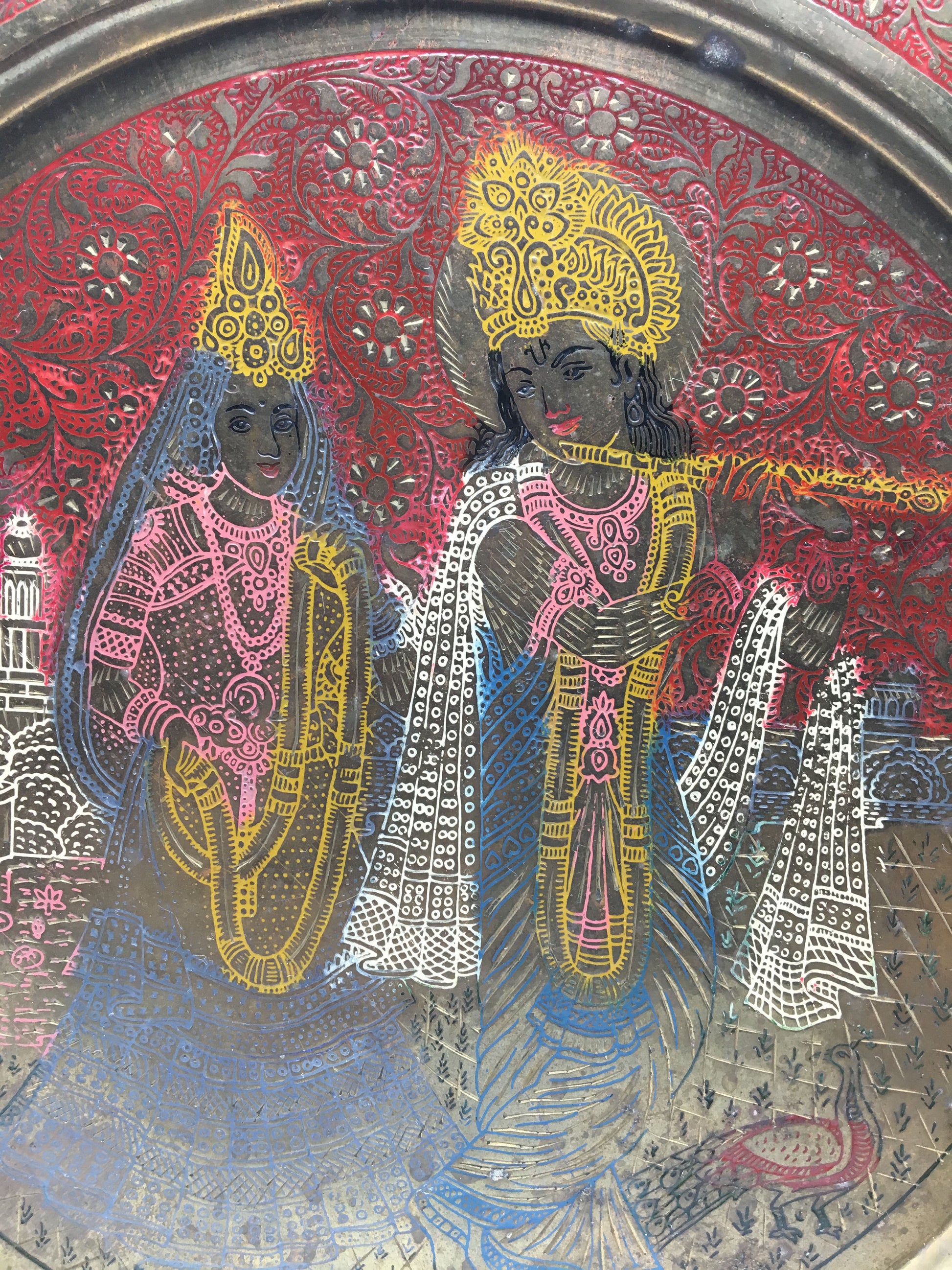 Hand-painted India Gods Lord Sri Sri Radha-Krishna on Decorative Brass Platter T - Montecinos Ethnic