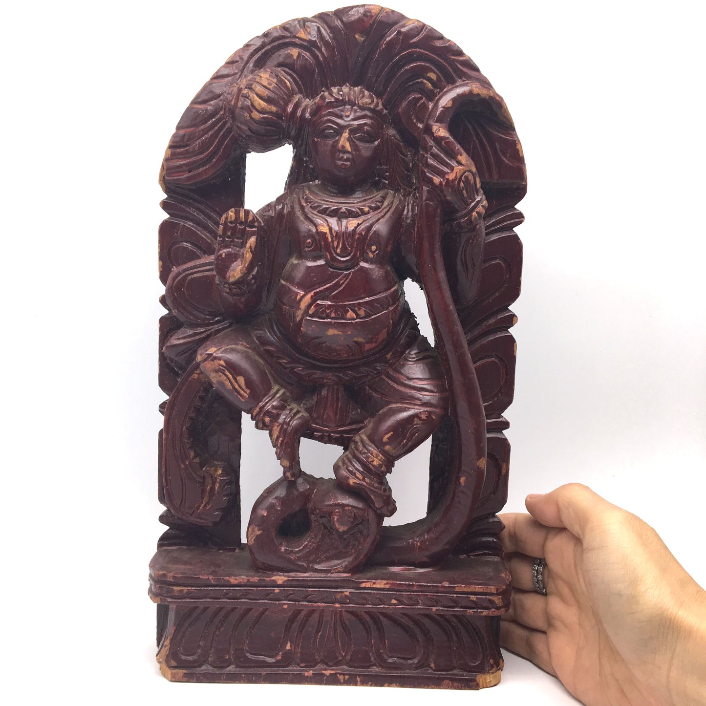 Vintage Wood Carving India God Lord Krishna Dancing On Kaliya Naga 11.75"