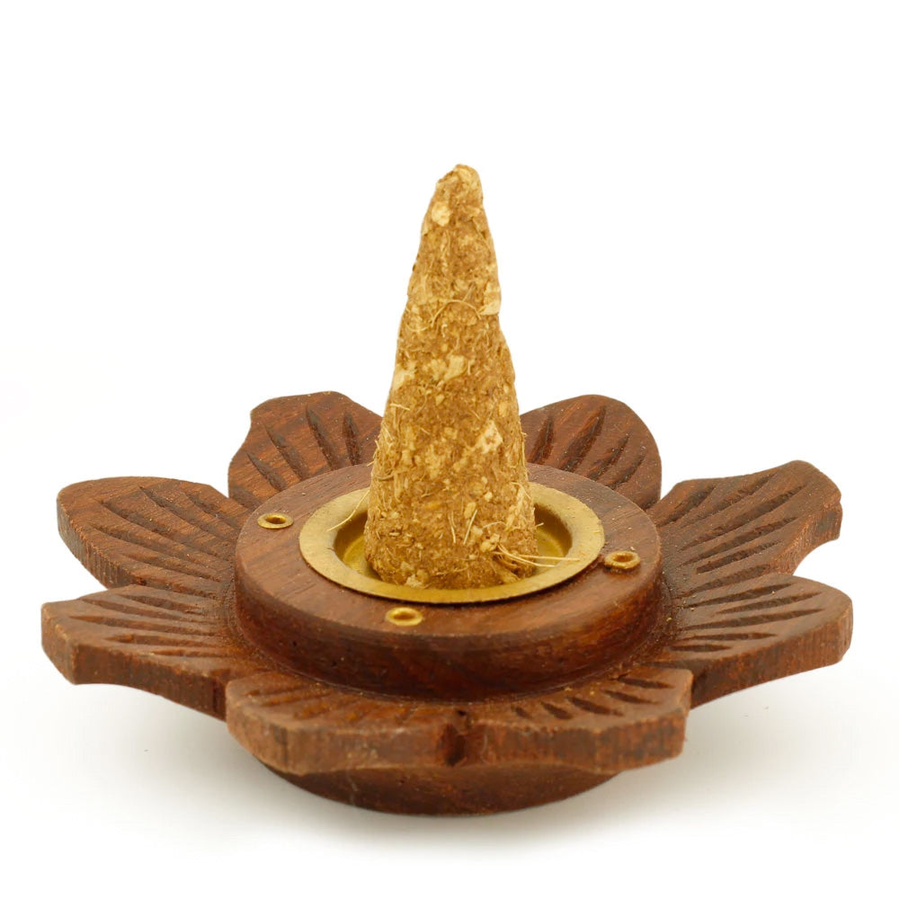 Natural Wooden Lotus Plate Handcrafted Incense Holder Stick and Cone Incense 4"