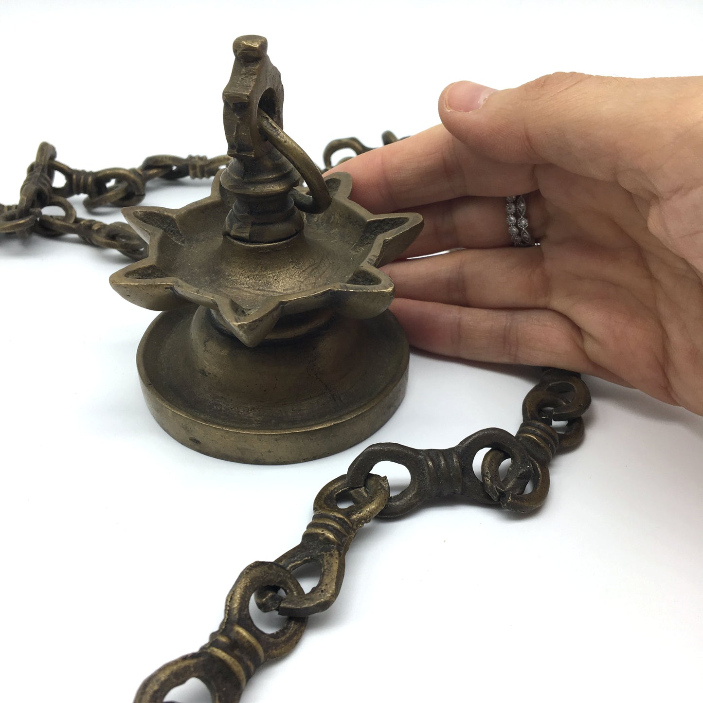 Decorative Brass Diya Aarti Deepak Lamp Puja Offering Handcrafted  -Chain 32" Lo