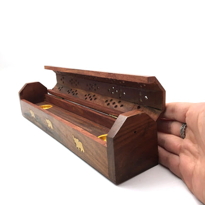 India Incense Burner - Handmade Wooden Box with Storage -Cone and Stick Incense