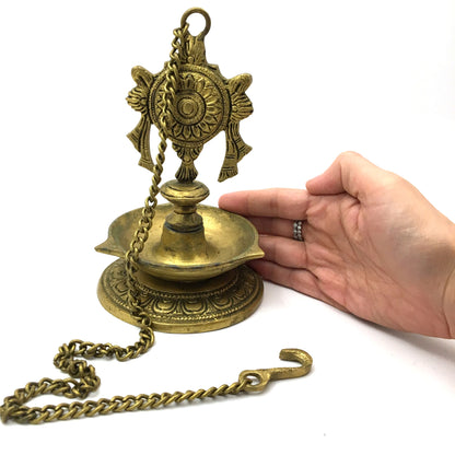 Decorative Brass Diya Aarti Deepak Lamp Puja Offering Handcrafted  -Chain 19.25"
