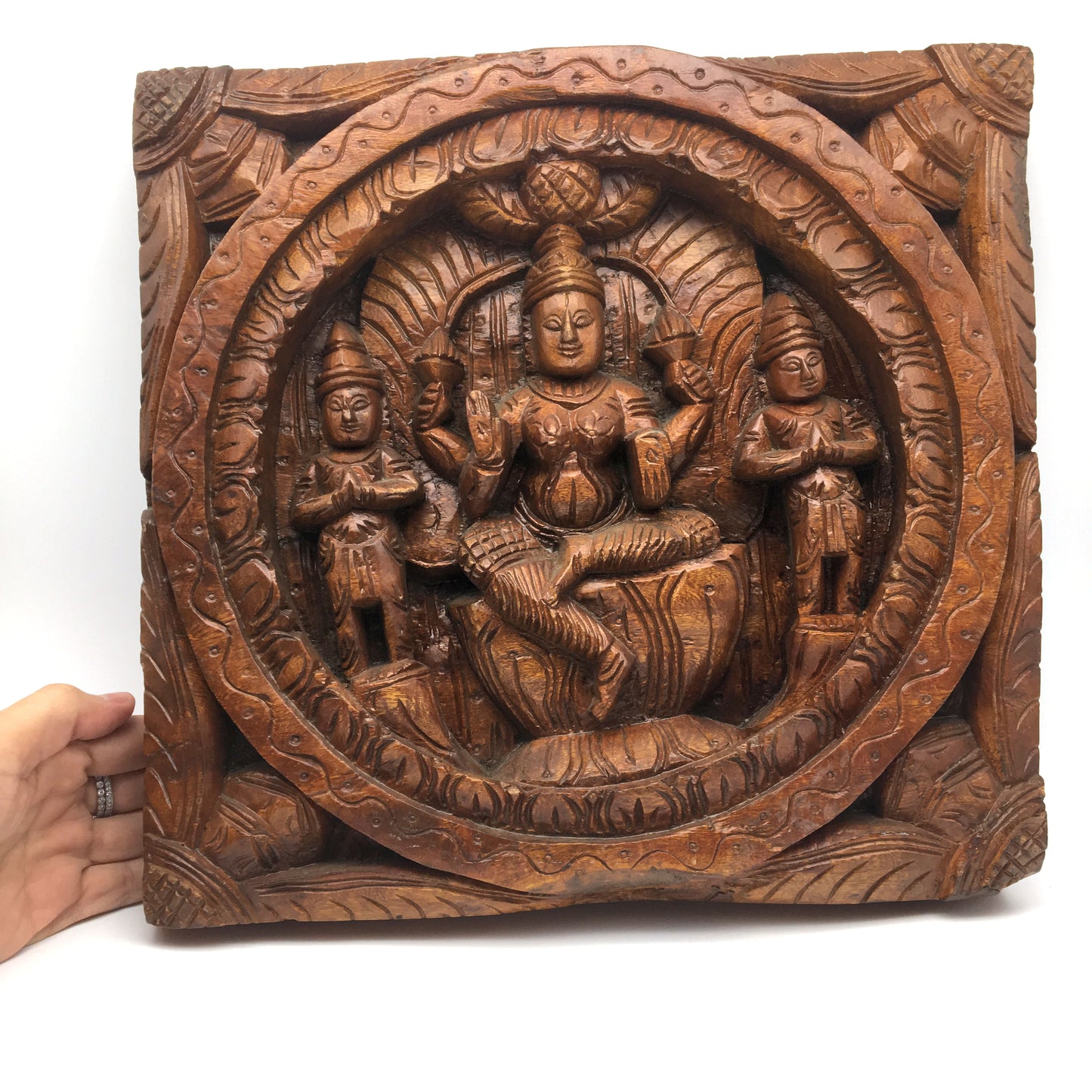 Solid Wood Carving Goddess Maa Lakshmi Hindu Goddess of Fortune Wall Hanging