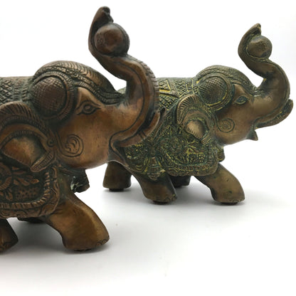 2 Handcrafted Decorative Solid Brass Elephant Statue Trunk Up - Fine Detail