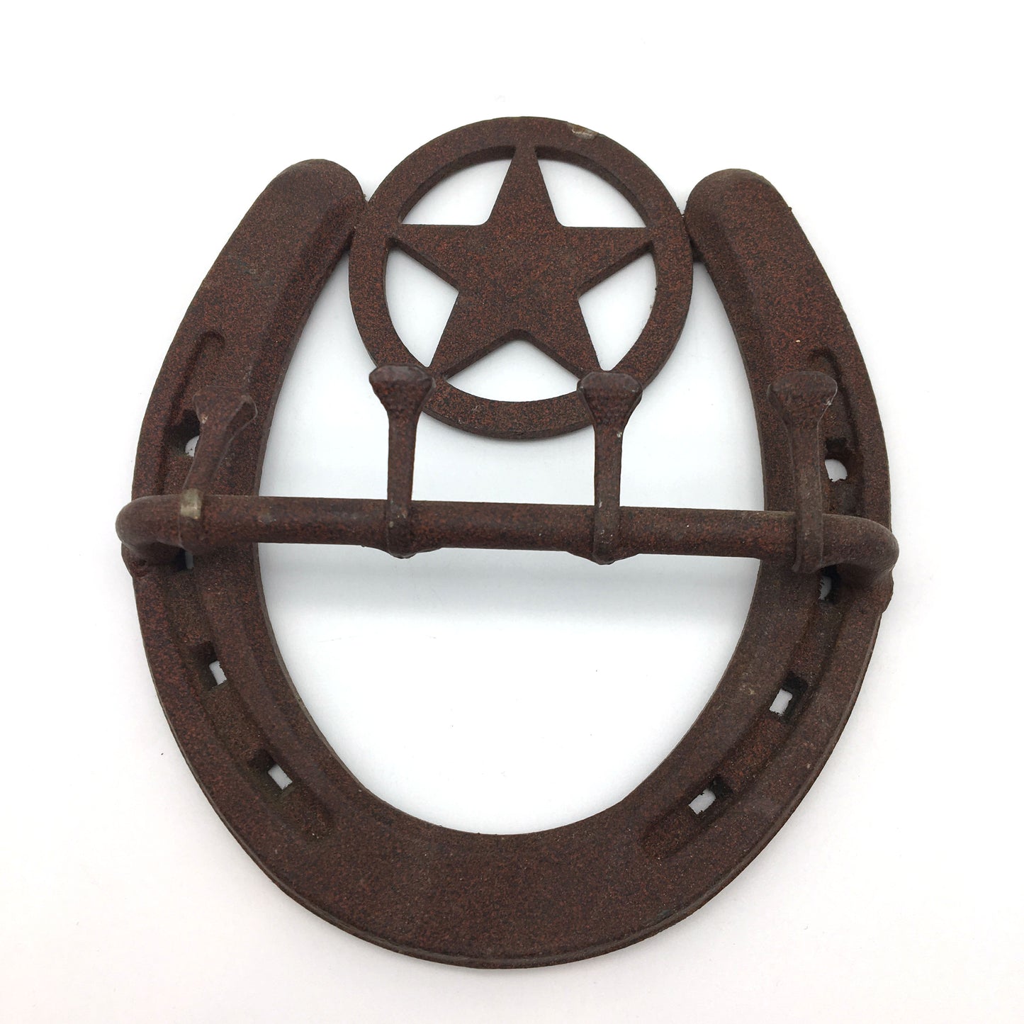 Rustic Western Cast Iron Horshoe Star Mount Hanger Rack- Handmade - 4 hooks