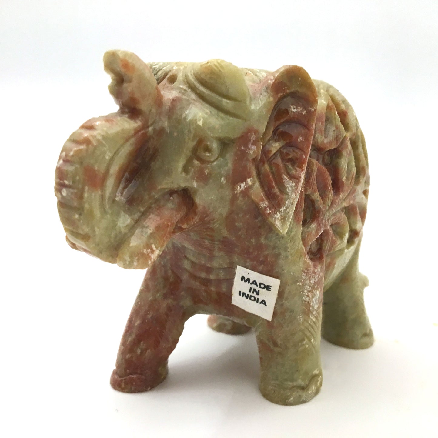 Pair Soapstone Elephants India Handcrafted Trunk Up Statue- Fine Lovely Detail