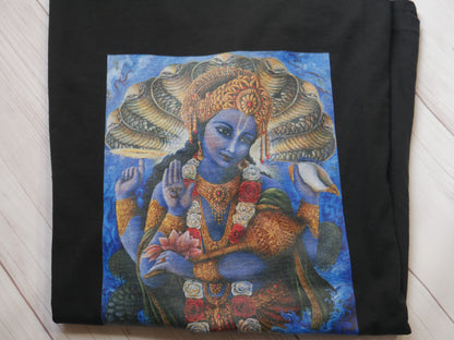 God Vishnu Shirt - Original Painting - Hindu God Black Tee Shirt - Size XL