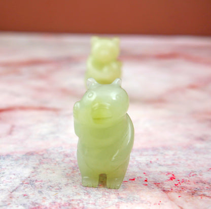 Miniature Green Jade Stone Animal Cavred Figurine Statue - Set Bear and Pig 1.75"