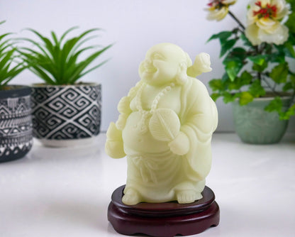 Vintage Chinese Jade Happy Buddha Statue On Wood Base Hand-carved Sculpture