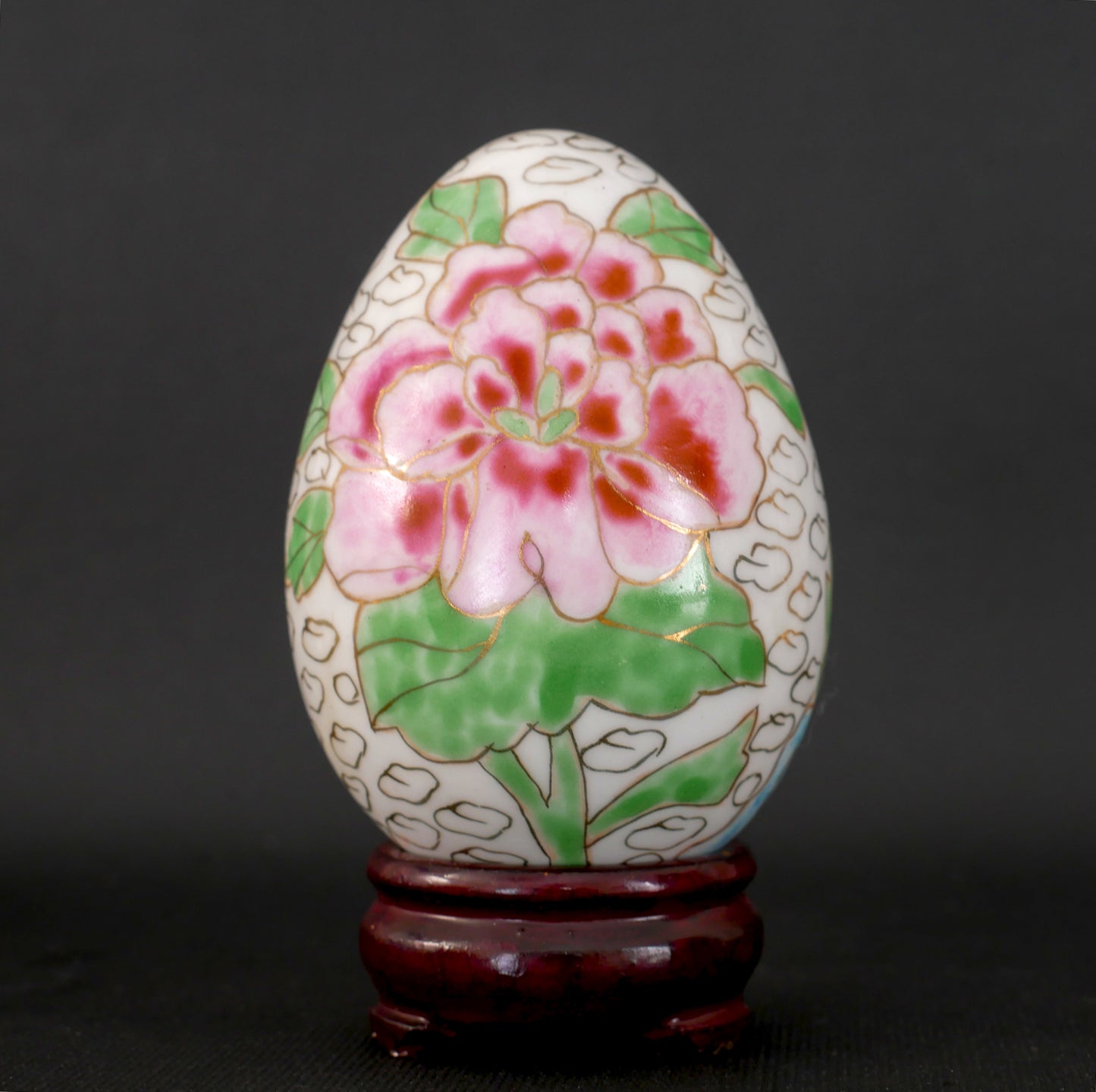 Vintage Chinese White Cloisonné Egg with Stand - Painted Peony Flower | Lacquered