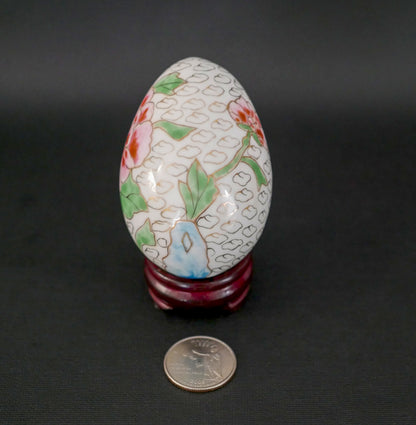 Vintage Chinese White Cloisonné Egg with Stand - Painted Peony Flower | Lacquered