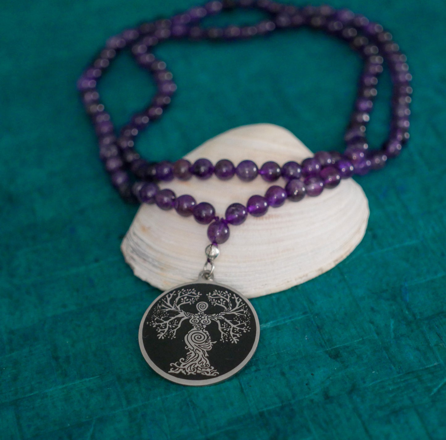 Tree of Life Goddess Mala Necklace | Amethyst Beads |  Handmade Jewelry Gift 33"