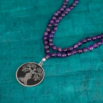 Tree of Life Goddess Mala Necklace | Amethyst Beads |  Handmade Jewelry Gift 33"