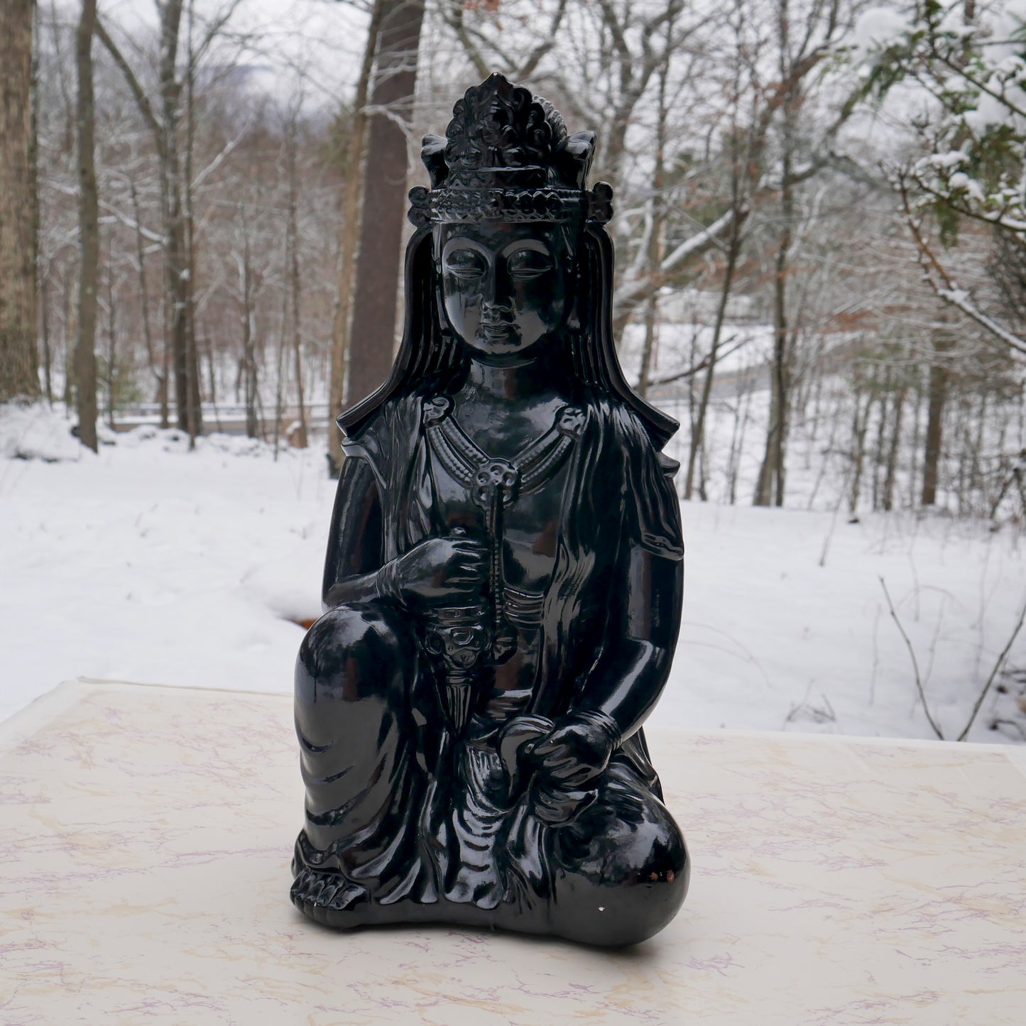 Black Ceramic Chinese Guanyin Statue | Bodhisattva Quan Yin In Meditation 14.25"