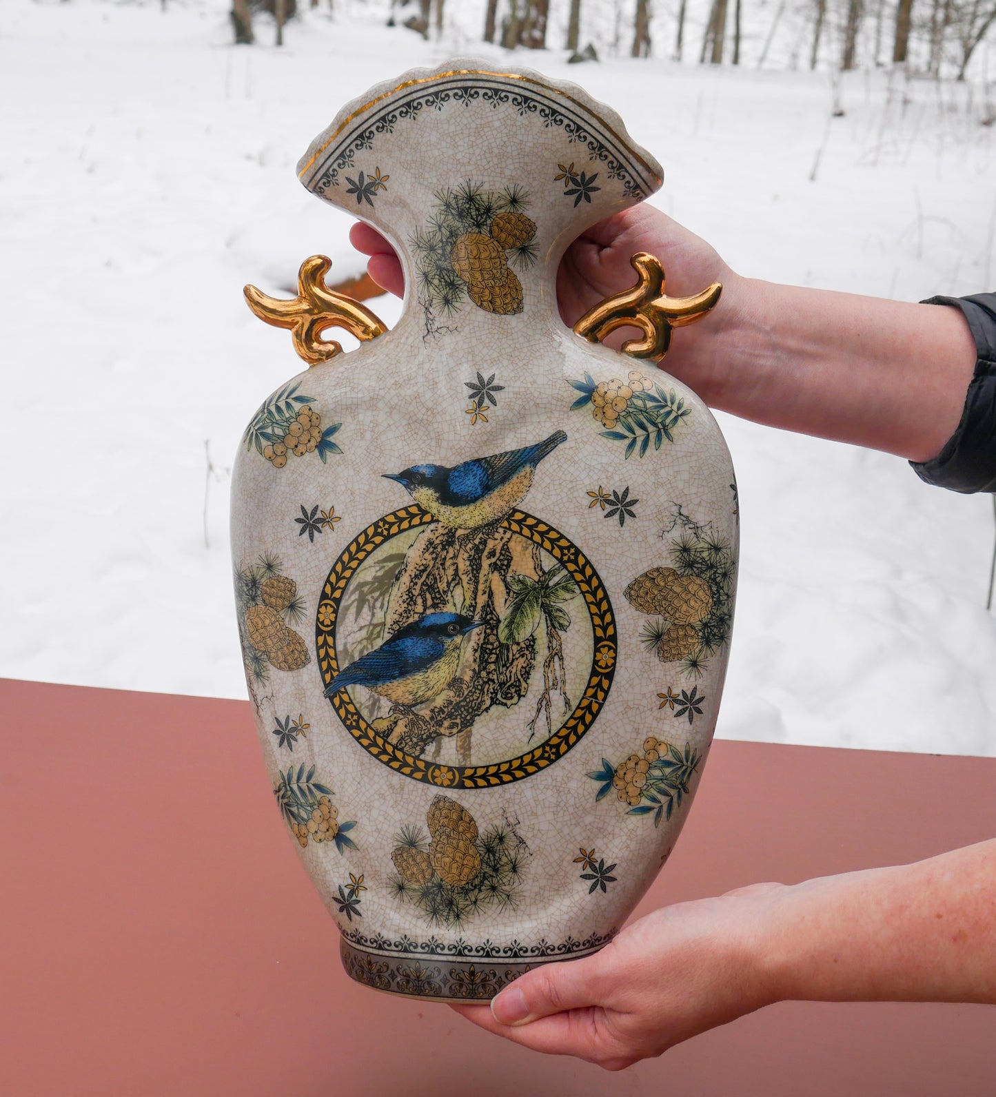 Ceramic Bird Vase | Handmade Hand-painted 24K Gold Handles Decorative Vase 15"