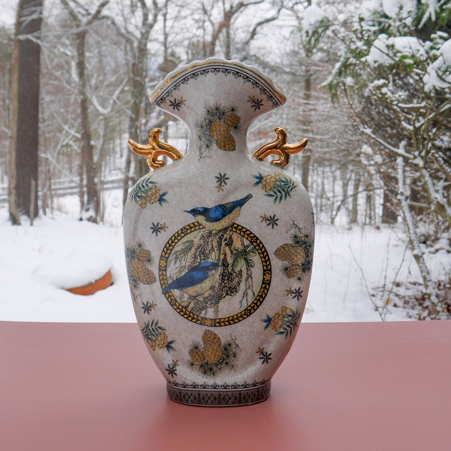 Ceramic Bird Vase | Handmade Hand-painted 24K Gold Handles Decorative Vase 15"