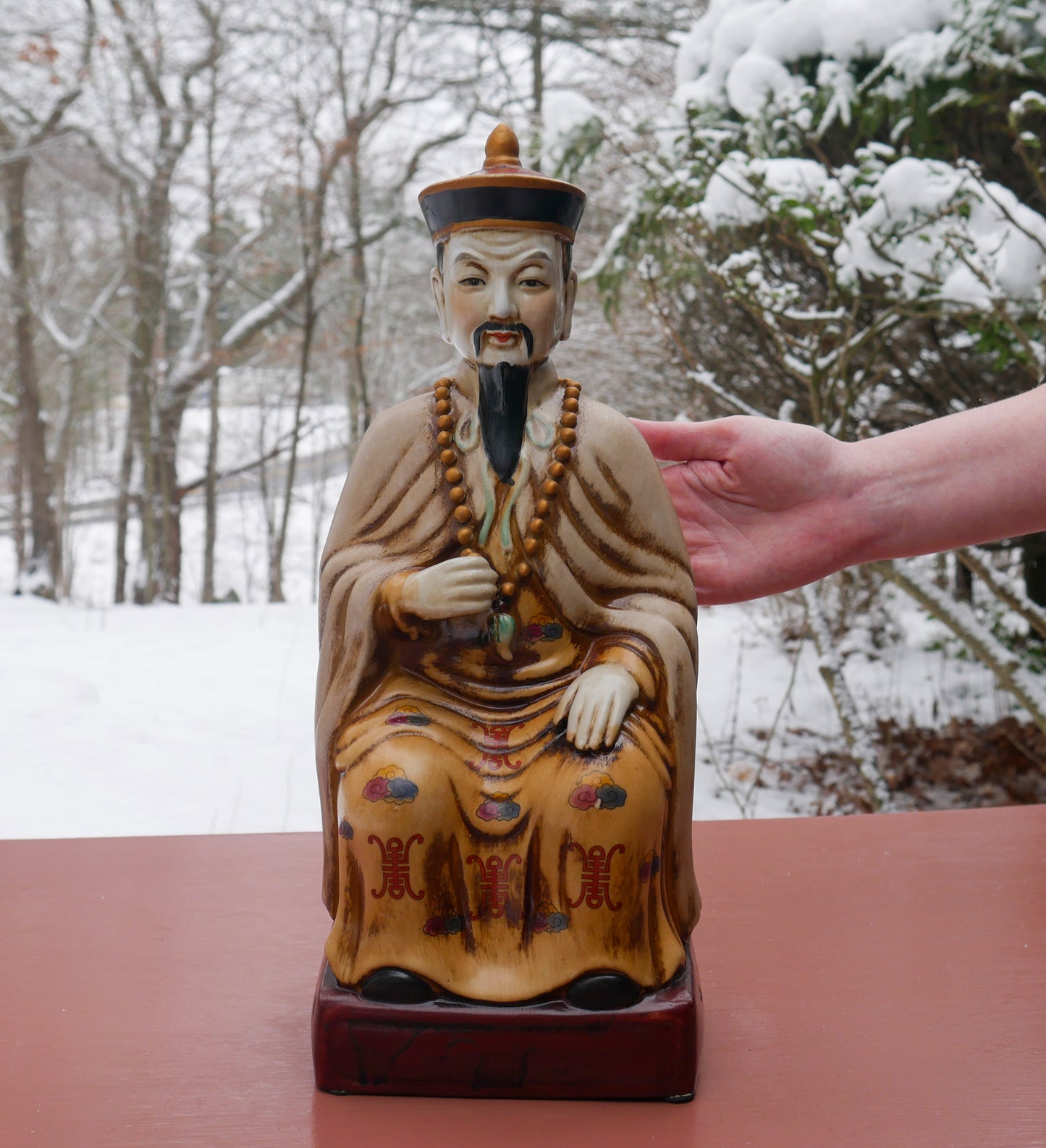Qing Dynasty Ceramic Emperor Statue with Chaozhu Necklace |  Hand Painted 16"