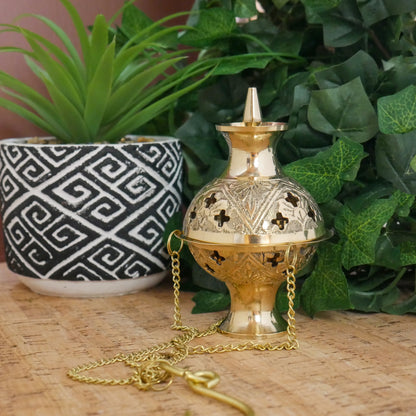Brass Hanging Incense Burner  | Handmade Golden Incense Holder With Tray 4.5"