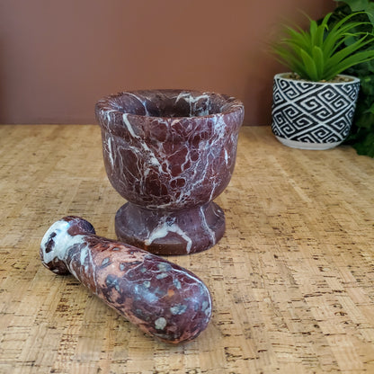 Red Marble Mortar and Pestle Set - Beautiful Handmade Stone Kitchen Decor 4"