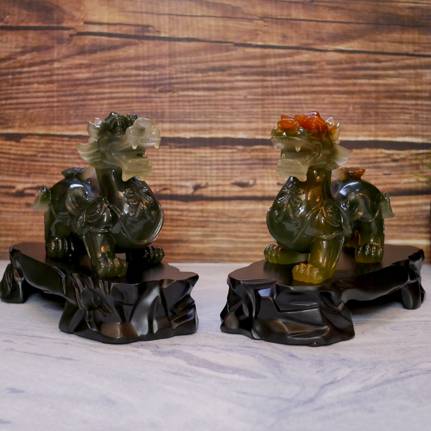 Chinese Feng Shui Pixiu Lion Resin Statue Pair |  Home Decor Blessing Gift 10.5" Long