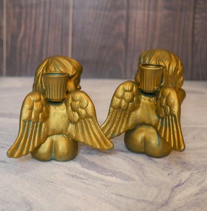 Pair of Ceramic Gold Cherub Candlestick Holder | Cherub Home Decoration Gift 5.25"