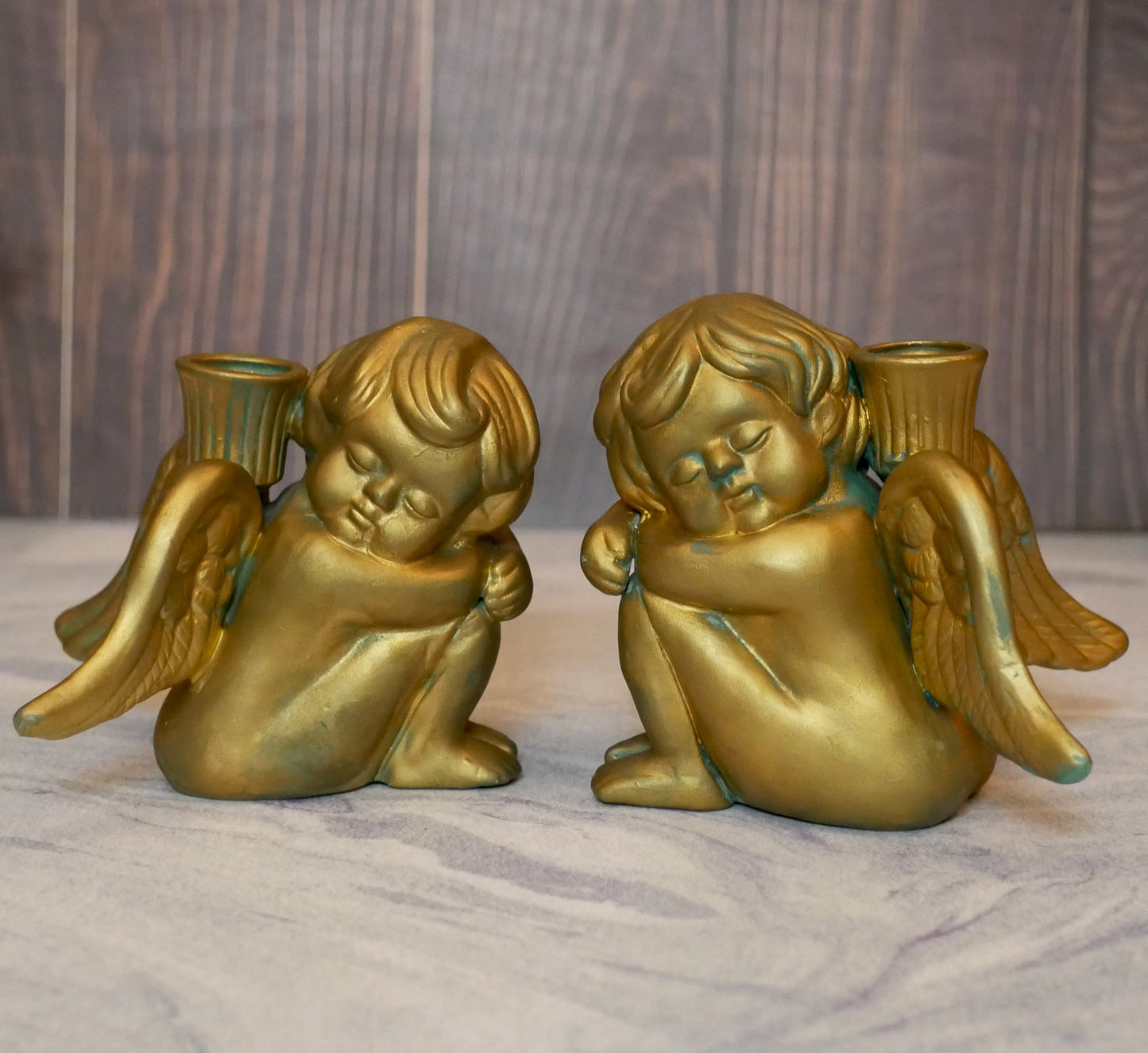 Pair of Ceramic Gold Cherub Candlestick Holder | Cherub Home Decoration Gift 5.25"