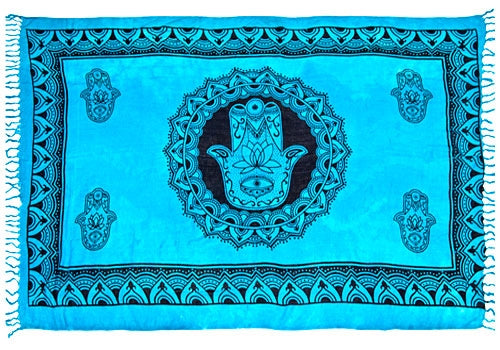 Hand of Fatima in Turquoise Large Meditation Yoga Prayer Shawl Hamsa Altar Cloth Rayon