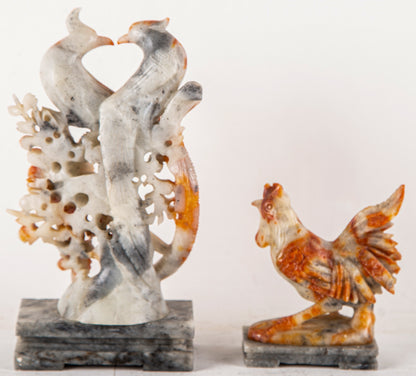 Chinese Natural Shoushan Stone Lovebirds Rooster Statue Sculpture Decor Set