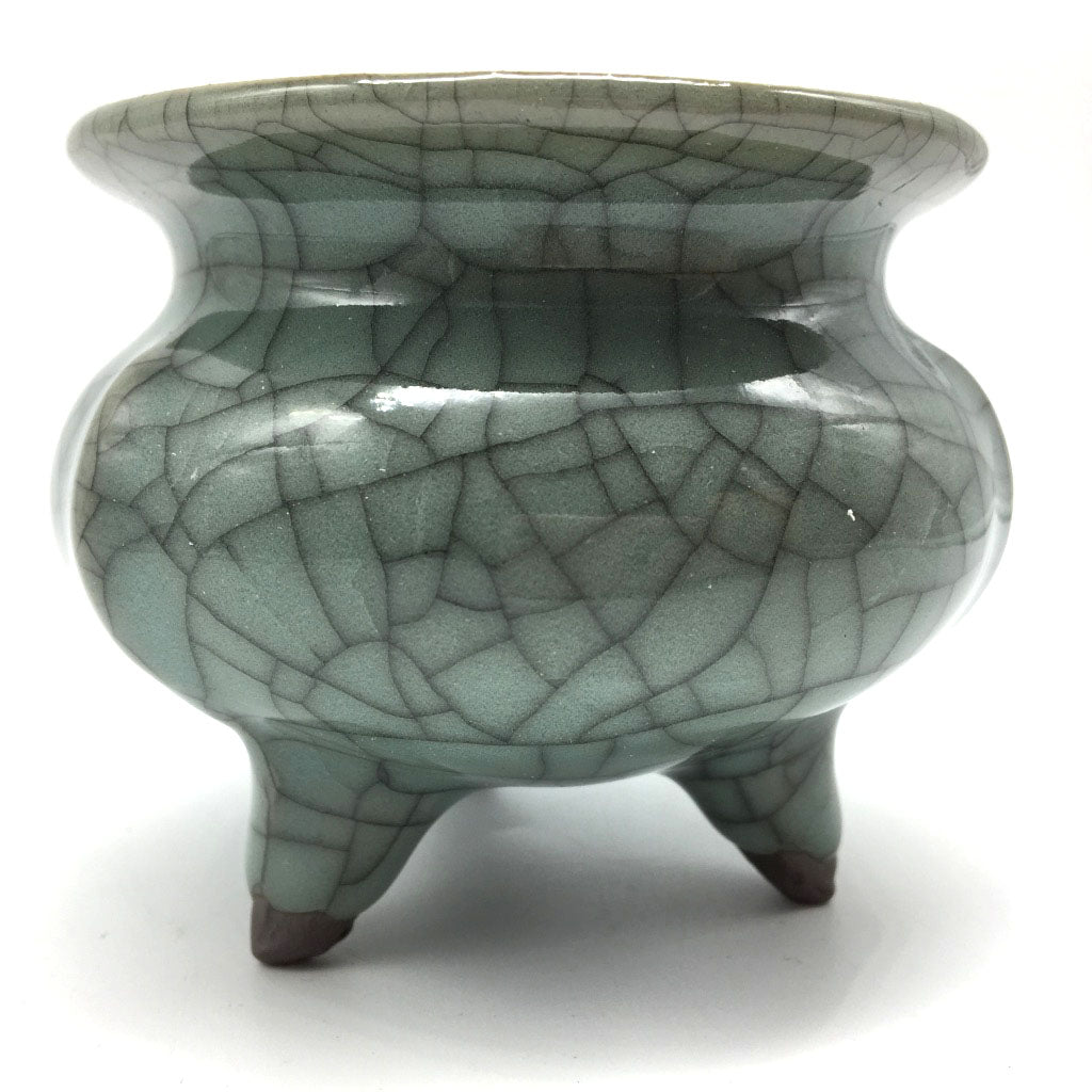 Small Longquan Celadon Glaze Porcelain Tripod Crackle Incense Sage Burner