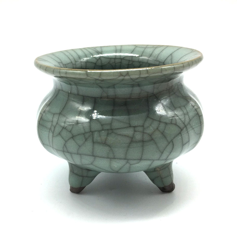 Small Longquan Celadon Glaze Porcelain Tripod Crackle Incense Sage Burner