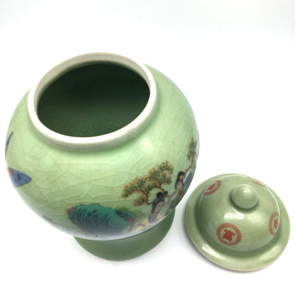 Porcelain Crackle Glazed Green Hand-painted Chinese Jar Vase with Lid 9.25"