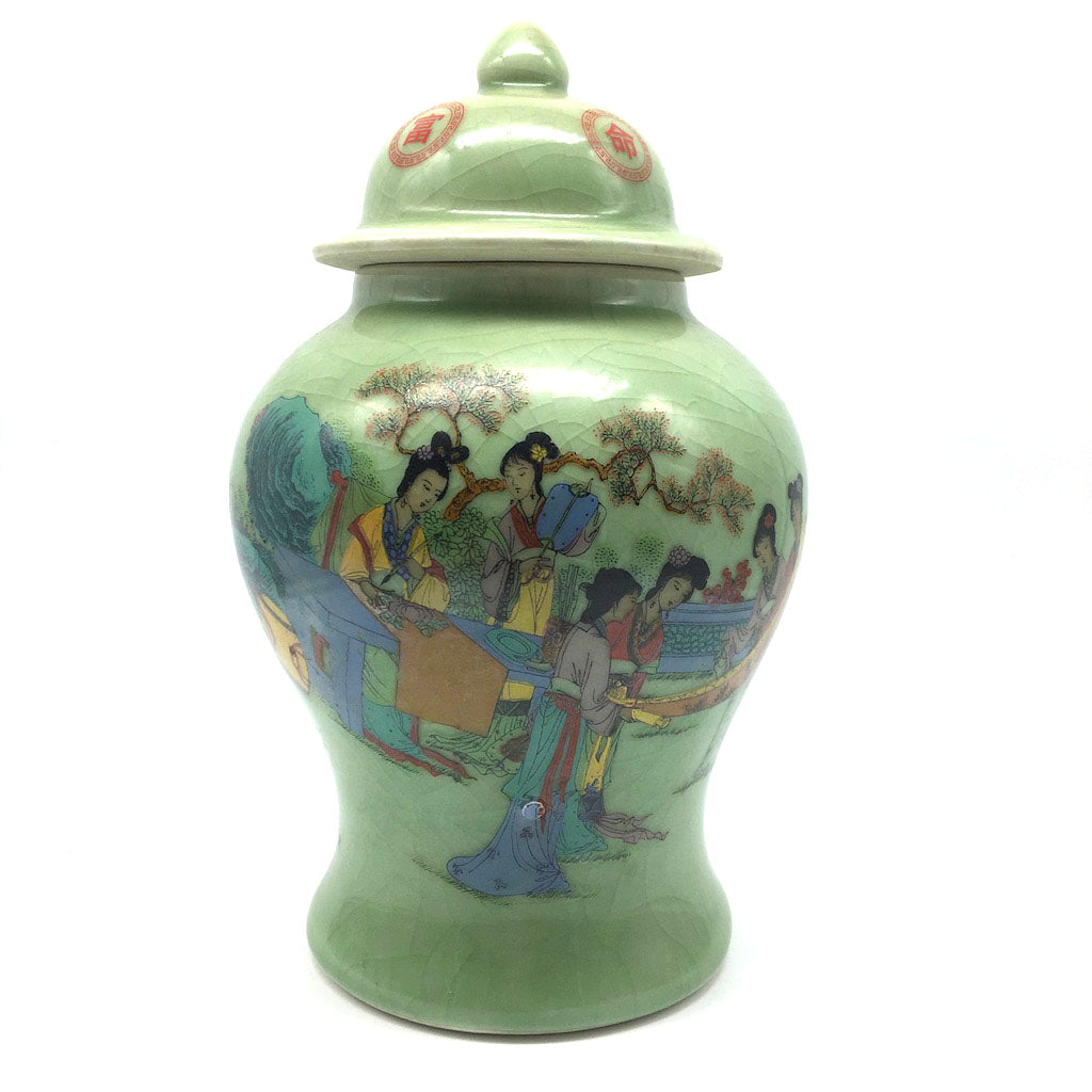 Porcelain Crackle Glazed Green Hand-painted Chinese Jar Vase with Lid 9.25"