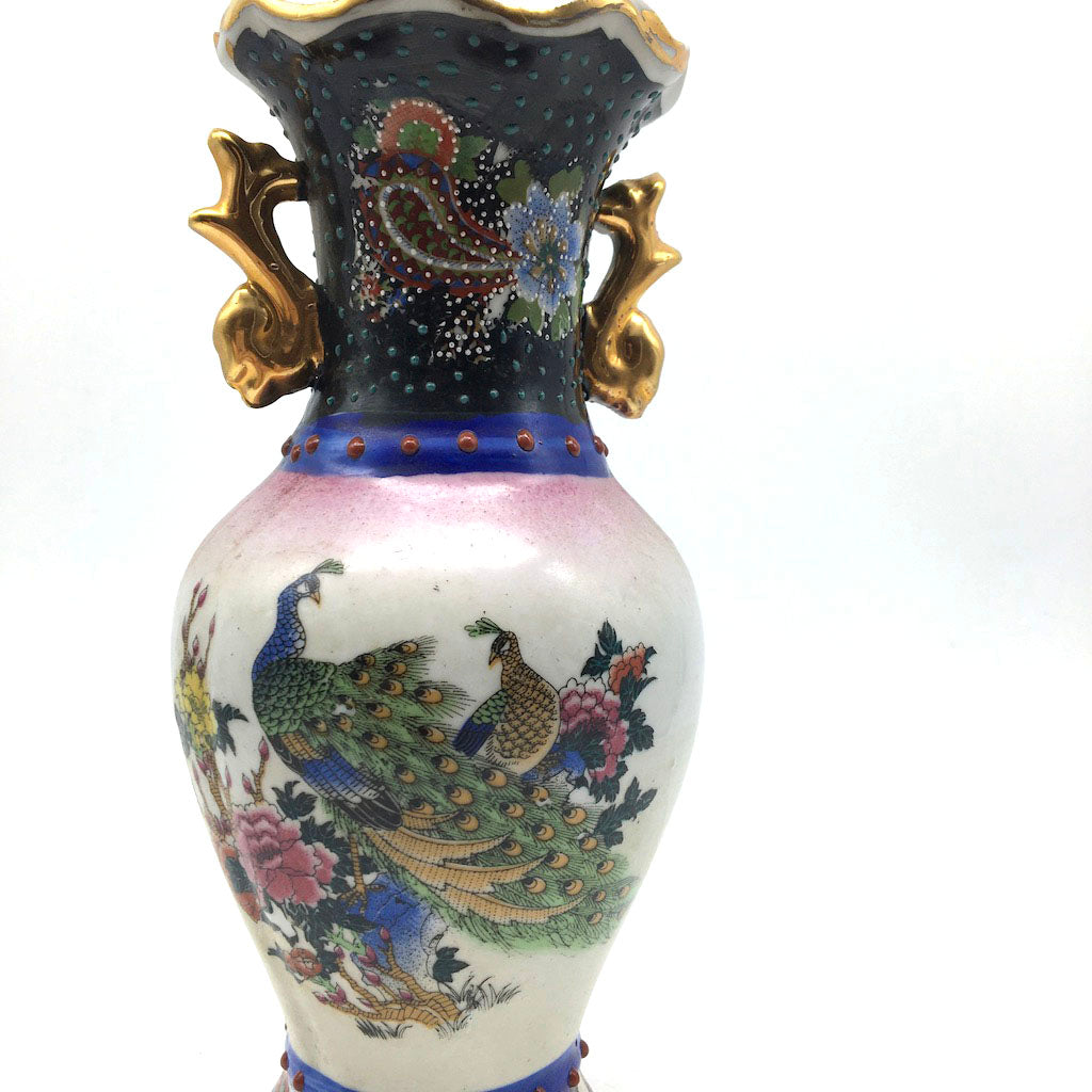 Oriental Ceramic Hand-painted Peacocks Flowers and Nature Decorative Vase 8"