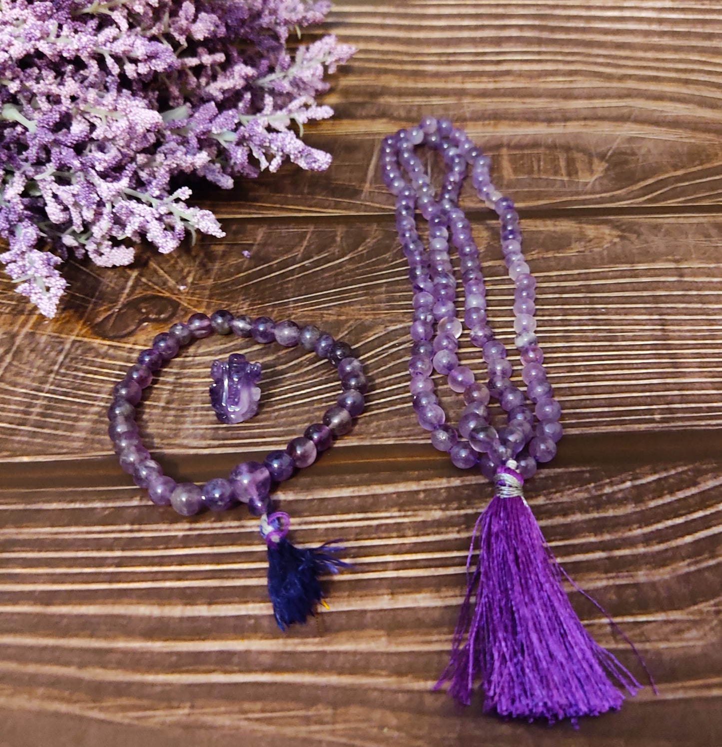 Amethyst Bracelet, Meditation Prayer Beads Mala Necklace, Ganesh Figurine Gemstone