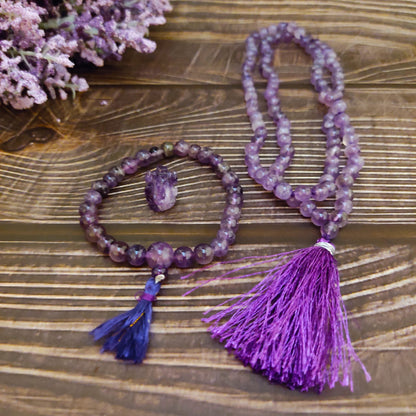 Amethyst Bracelet, Meditation Prayer Beads Mala Necklace, Ganesh Figurine Gemstone