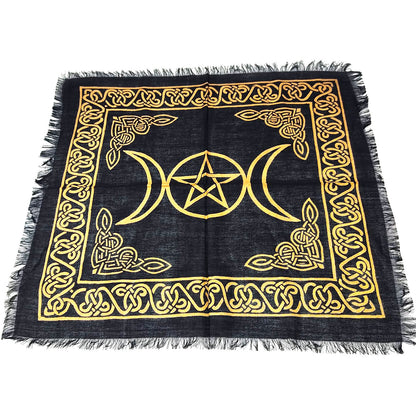 18" x 18" Altar Cloth Triple Moon Black and Gold Rayon Wiccan Witchcraft Altar Decor