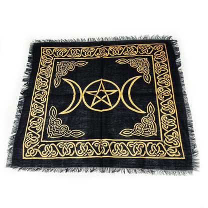 18" x 18" Altar Cloth Triple Moon Black and Gold Rayon Wiccan Witchcraft Altar Decor