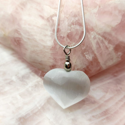 Heart Selenite Gemstone Pendant With 20" Silver Plated Snake Necklace Chain Gift