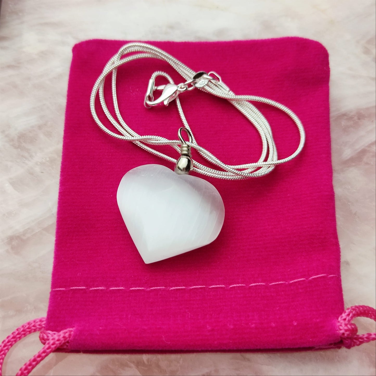 Heart Selenite Gemstone Pendant With 20" Silver Plated Snake Necklace Chain Gift